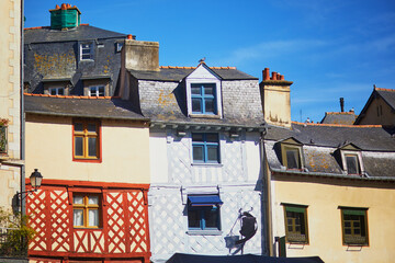 half-timbered buildings in medieval town of Rennes, one of the most popular tourist attractions in...