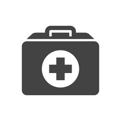 First aid kit with cross bold black silhouette icon isolated on white. Medical case.
