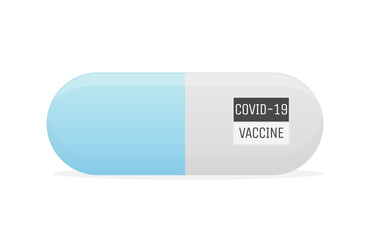 Covid-19 oral vaccine vector flat illustration. White and blue oval tablet, pill isolated on white background. Medicaments against dangerous Coronavirus disease concept.