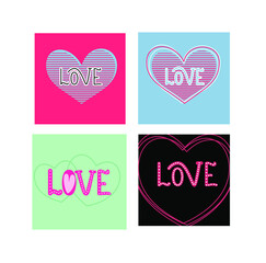 Set of Valentine's Day cards with the  word love decorated with hearts on colored background. Four posters with lettering.