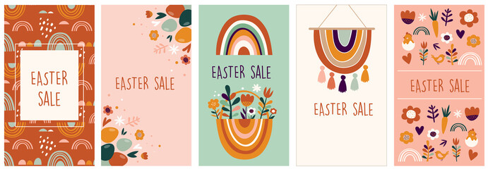 Boho Easter concept design, story template and banner set with bunnies, eggs, flowers and rainbows in pastel and terracotta colors, flat vector illustrations
