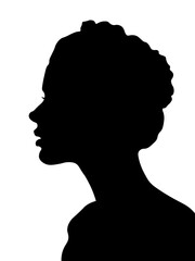White woman, Western European woman portrait profile picture from the side with shoulders long hair. Isolated realistic silhouette, shadow picture