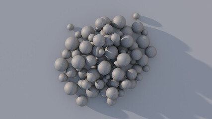 Gray textured bubbles. Gray background, hard light. Abstract illustration, 3d render.