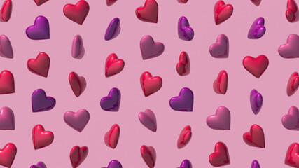 Heart shapes pattern on pink background. Abstract illustration, 3d render.