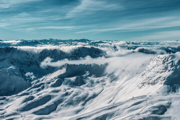 Fototapeta na wymiar Mountain panorama from the viewing platform on the Zugspitze. German and Austrian ski areas.