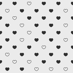 Endless seamless monochrome pattern of hearts, circles and dots. Black and white vector hearts. Wallpaper for wrapping paper.