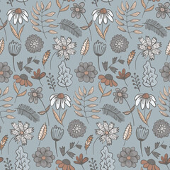 Cute pale colors doodle floral seamless pattern with colorful flowers and leaves. Childish gray and coral texture with blossoms and herbs for textile, wrapping paper, surface, wallpaper, background