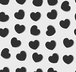 Endless seamless monochrome pattern of hearts of different directions. Black and white anaglyph vector hearts. Wallpaper for wrapping paper.