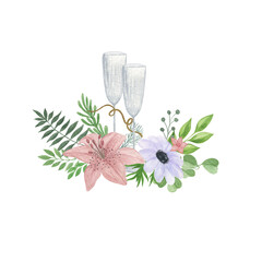 Lily, anemone flower, green leaves, champagne glasses, decorative floral arrangement hand drawn vintage style watercolor illustration for greeting card, banner, wedding invitation accessories