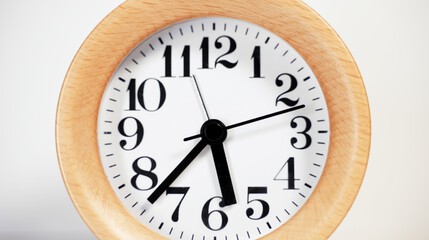 Wooden round clock. Close-up view.