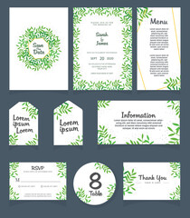 Set of Wedding invitation Vector illustration. card template. Wedding invitation, thank you, save the date, menu, information, RSVP, label, table number and place card design.