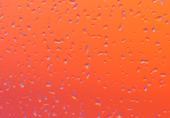 Water drops with neon purple, ultraviolet and blue reflection on red orange colored background. Trendy backdrop for your design