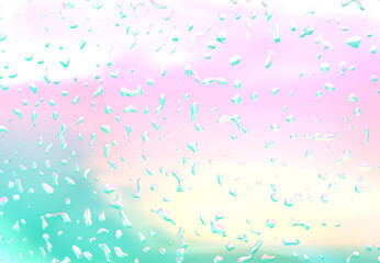 Abstract gradient background in soft pink mint yellow colors with droplets. Water drops with reflection. Fresh spring and summer atmospheric design. Trendy background for your projects