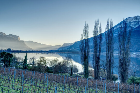 Kaltern lake - Lago di Caldaro in South Tyrol, Italy in winter.