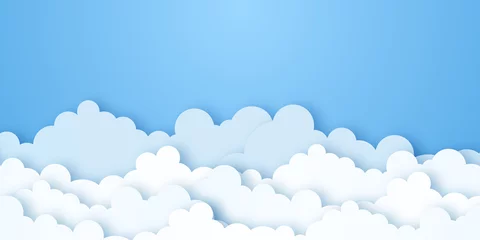Zelfklevend Fotobehang Kinderkamer Wolken op blauwe hemelbanner. Witte wolk op blauwe lucht in papier gesneden stijl. Wolken op transparante achtergrond. Vector papier wolken. Witte wolk op blauwe hemel papier gesneden ontwerp. Vector papier kunst illustratie
