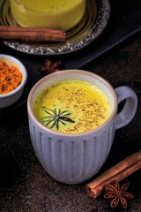 Golden milk with turmeric on dark background, selective focus. Easy Golden Milk Turmeric Latte.
