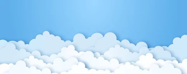 Foto auf Acrylglas Babyzimmer Wolken auf Fahne des blauen Himmels. Weiße Wolke am blauen Himmel im Papierschnittstil. Wolken auf transparentem Hintergrund. Vektorpapierwolken. Weiße Wolke auf Papierschnittdesign des blauen Himmels. Vektorpapierkunstillustration