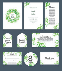 Set of Wedding invitation Vector illustration. card template. Wedding invitation, thank you, save the date, menu, information, RSVP, label, table number and place card design.
