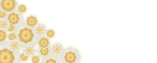 Paper gold whited flowers. Valentine's day, Easter, Mother's day, wedding card, blooming wall background. 3d render digital spring or summer flowers. Happy Mothers Day card of papercut mom and flowers