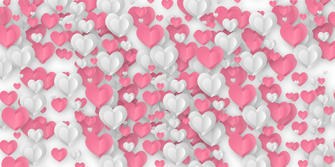 Horizontal banner with paper cut clouds and flying hearts in blue sky, papercut craft art. Red, pink and white flying hearts. Happy Valentines day sale concept, voucher template. White background