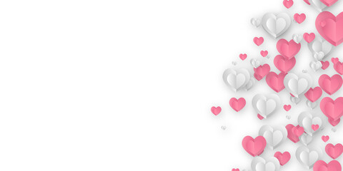 Horizontal banner with paper cut clouds and flying hearts in blue sky, papercut craft art. Red, pink and white flying hearts. Happy Valentines day sale concept, voucher template. White background