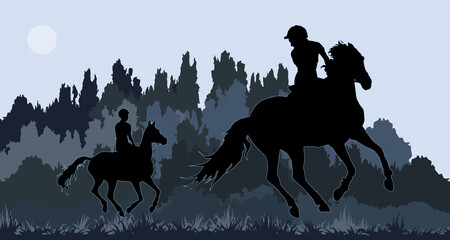 girl rides horse in field, on grass, isolated image, black isolated silhouette on orange background, forest, clouds.	