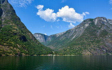 Scenic and tranquil view of fjords scenery along the cruise trip Flam Norway taken on a sunny day