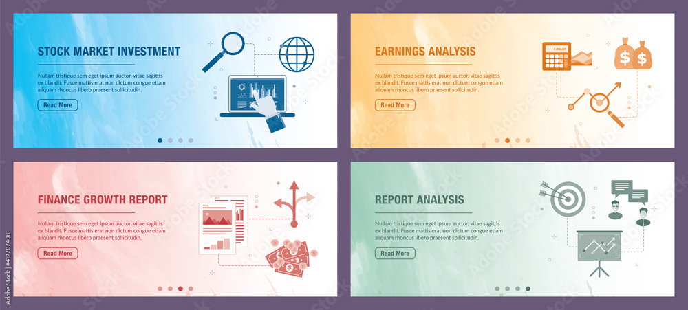 Poster vector set of vertical web banners with stock market investment, earnings analysis, finance growth, 