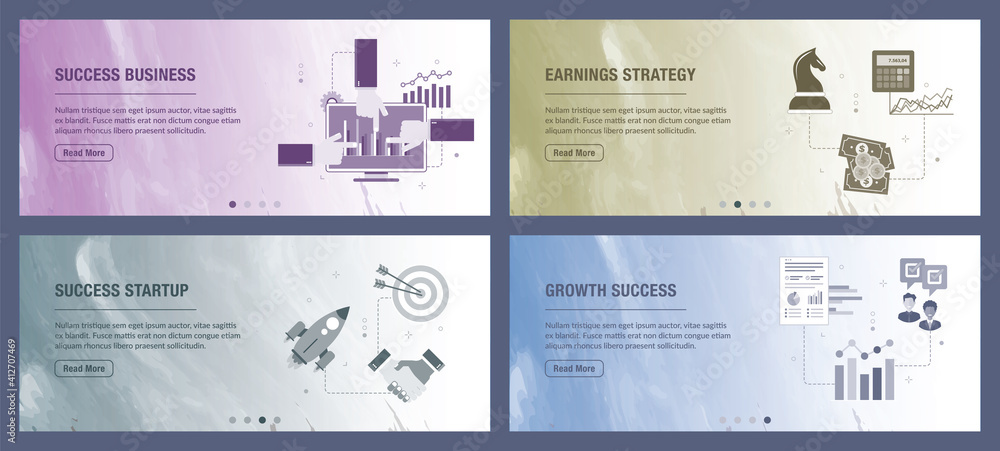 Poster vector set of vertical web banners with success business, earnings strategy, success startup and gro
