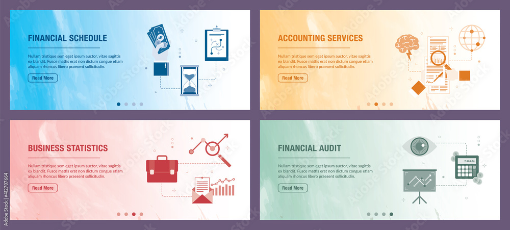 Poster vector set of vertical web banners with financial schedule, accounting services, business statistics