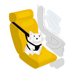 Vector isometric illustration small dog sitting in car auto seat, bag, with holding harness. Concept special holding device for safe transport pets.