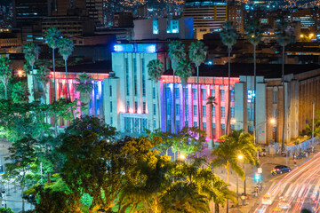 Medellin, Antioquia, Colombia. June 20, 2019. View of the Antioquia Museum at night