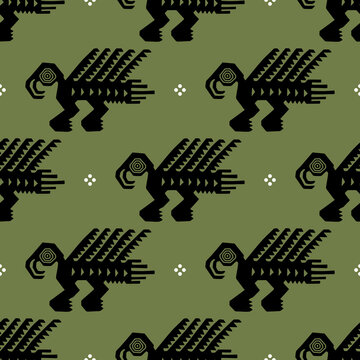 Seamless geometrical animal pattern with silhouettes of fantastic birds. Ancient Peruvian ethnic motif.