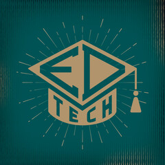 Ed Tech Inverfed Lettering Combined with Square Academic Graduation Cap Sign Educational Technologies Logo Concept - Gold on Turquoise Background - Contrast Graphic Design