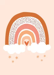 Selbstklebende Fototapeten Cute Hand Drawn Boho Rainbow with Clouds and Little Heart on Peach Background. Simple Style Nursery Wall Art for Baby Boy And Baby Girl. Vector Illustration Ideal as Card, Invitation, Poster. © Ewelina