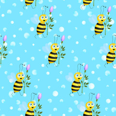 Seamless pattern with bees on blue polka dots background. Adorable cartoon wasp character. Template design for invitation, cards, textile, fabric. Flat style. Vector stock illustration.
