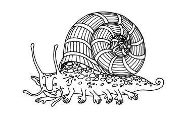 funny monster, cute snail, mollusk with human face, horns and shell, aquarium pet, space alien, vector illustration with black ink lines isolated on a white background in doodle and hand drawn style