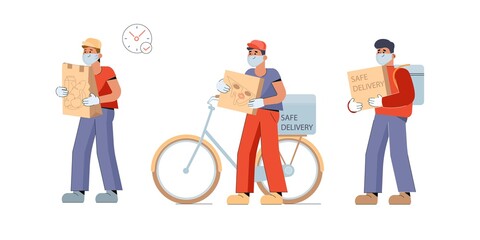 Safe food delivery. Young courier wears a mask while delivering food. Vector flat illustration isolated