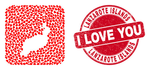 Vector collage Lanzarote Islands map of love heart items and grunge love seal stamp. Collage geographic Lanzarote Islands map designed as carved shape from rounded square shape with lovely hearts.