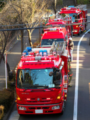 Tokyo,Japan-February 9, 2021: Fire engines at real fire scene in Tokyo, Japan
