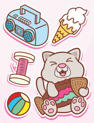 Hand drawn cute cats and daily objects cartoon stickers
