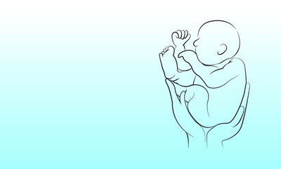 Illustration of newborn baby on the mother's hands. vector illustration sketch hand drawn with black lines on blue sky  background.