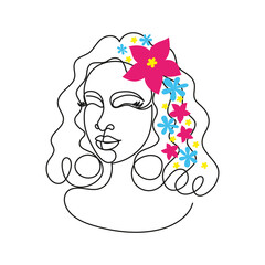 Contemporary portrait of a beautiful woman with curly hair decorated with flowers. Modern trendy vector illustration, face line art, abstraction, continuous line. Poster, postcard, label, packaging