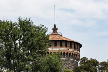 Elements of the architecture of the ancient Castle of Sforza in Milan Italy. 
