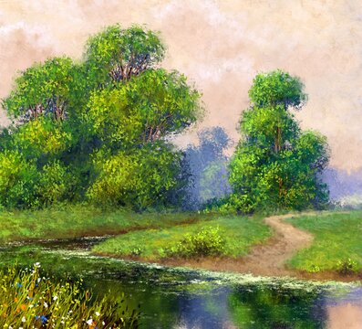 Masterpiece, oil paintings rural landscape with trees and water, river. Summer landscape, artwork, fine art.