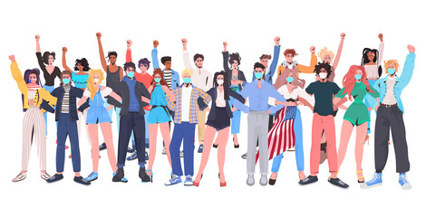 Obraz premium mix race people crowd in masks with raised up hands standing together labor day celebration coronavirus quarantine concept full length horizontal vector illustration