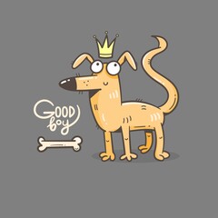 Card with cute cartoon dog. Funny puppy and bone. Good boy. Vector print with joyful animal.
