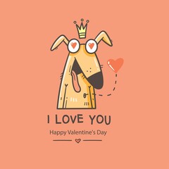 Valentine's day card with cute cartoon dog. Greeting print with doodle funny animal. Line art poster for children. Vector holiday illustration.