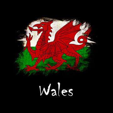 National flag of Wales, abbreviated with gb-wls; a realistic 3d image of the national symbol from an independent country painted on a black background with the countryname below