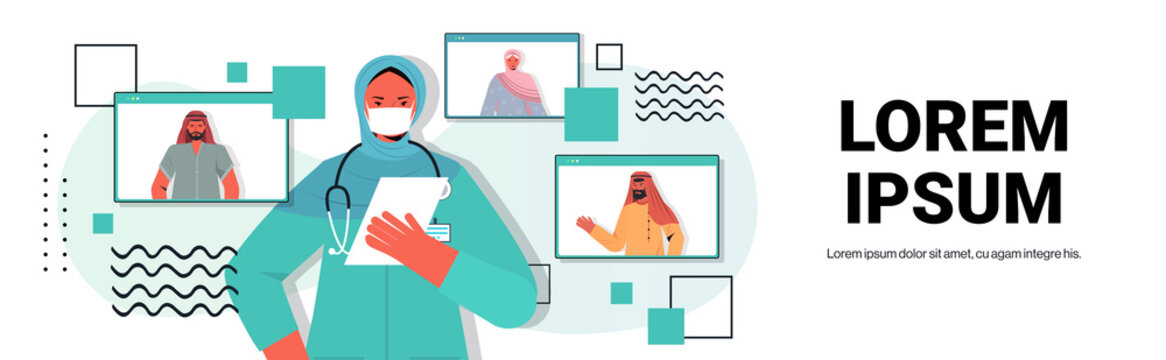 female arab doctor discussing with arabic patients during video call online medical consultation coronavirus quarantine self isolation concept horizontal copy space portrait vector illustration